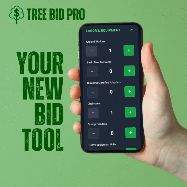 A hand holds a smartphone displaying an AI-powered tree service bidding app. The green background features TREE BID PRO and YOUR NEW BID TOOL in bold, highlighting advanced tree service bid software. - Tree Bid Pro