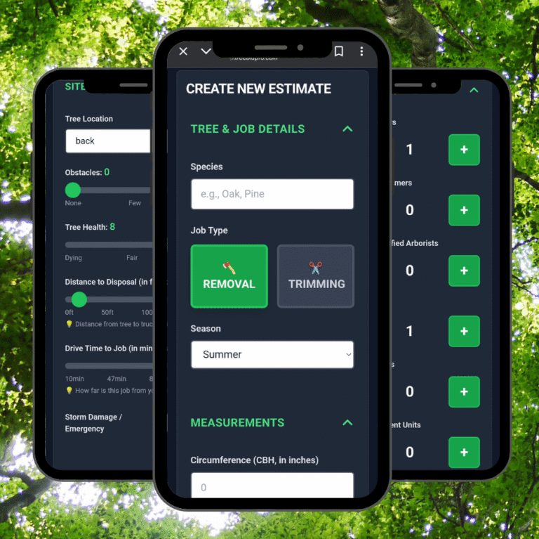 Three smartphones display different screens of a tree service estimating tool, showcasing job details, removal or trimming options, and measurement inputs, all set against a leafy green tree background. - Tree Bid Pro